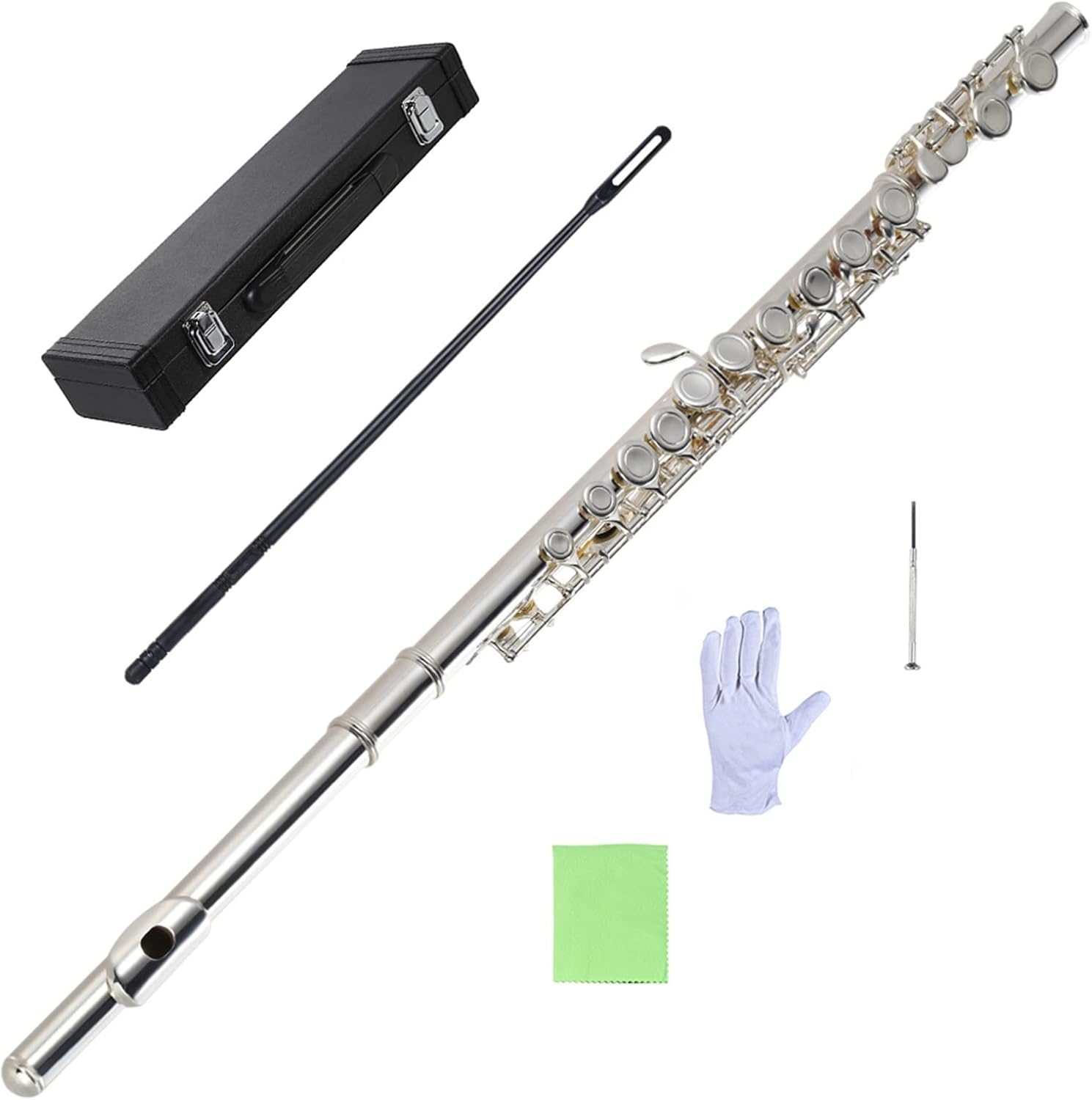 Flute Kit Flute Cupronickel Silver Plated 16 Closed Holes Concert Flute with Case Wind Instruments for Beginner Intermediate Flute