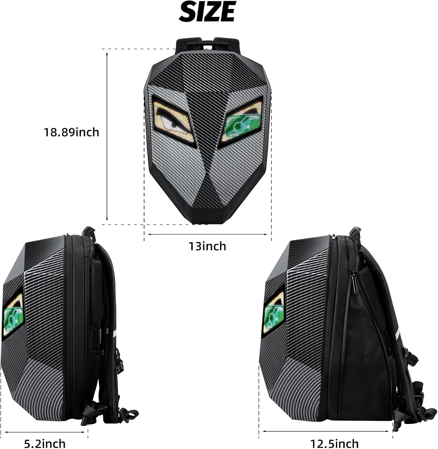 19inch LED Motorcyle Knight Backpack for Men,Hard Case Riding Backpack Motorbike Laptop Bag Waterproof, DIY Programmable Full Color Display & Eyes