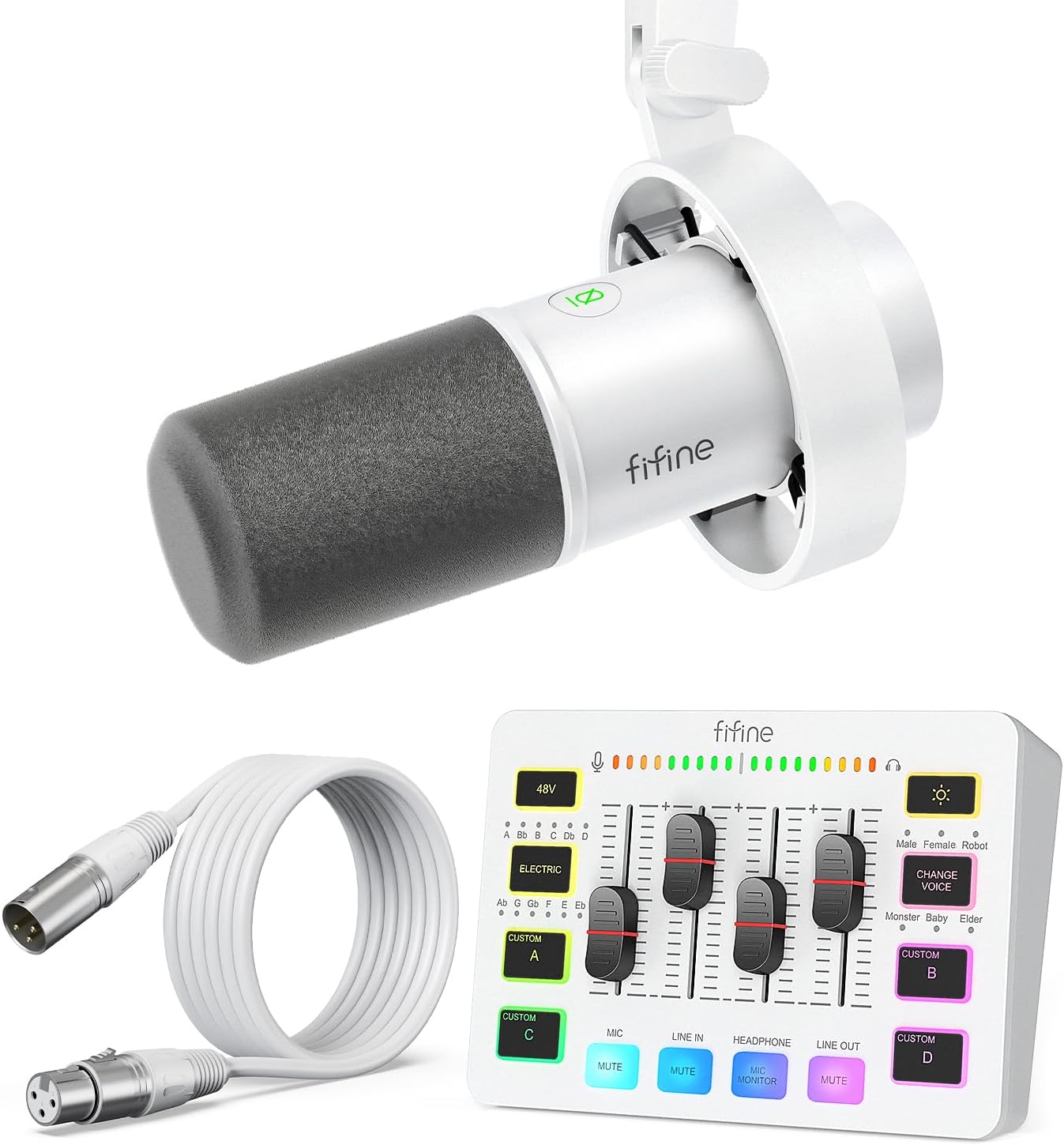 FIFINE Podcast Microphone Set, Studio XLR/USB Dynamic Microphone and Streaming Audio Mixer with 48V Phantom Power & Slider Fader, Mic Kit with 10ft XLR Cable for Recording, Gaming-K688W+SC3W+L9W