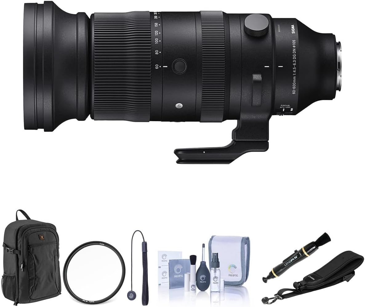 Sigma 60-600mm f/4.5-6.3 DG DN OS Sports Lens for Sony E Bundle with 105mm MC Clear Filter, Backpack, Camera Strap, Lens Cleaner, Cleaning Kit, Lens Cap Tether