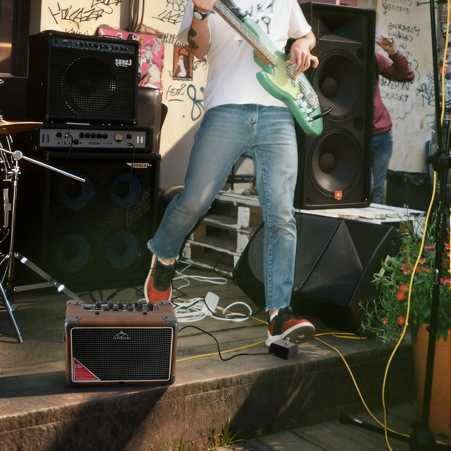 EASTROCK 15W Electric Guitar Amp, EGA-15W Portable Guitar Amplifier with Bluetooth, Built-in Looper & Drum Machine Speaker, AUX/OTG/Headphone, 8 Voices, FX Effects-Wood