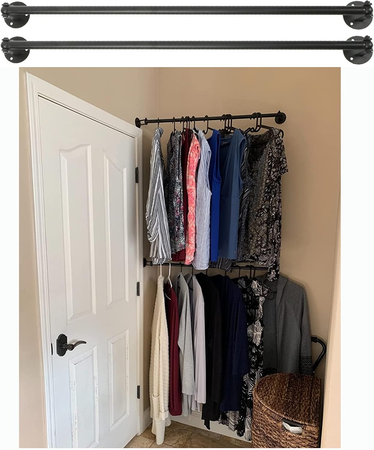 MYOYAY Corner Garment Rod 34 inches 2 Pack Industrial Pipe Clothes Hanging Bar For Corner Angle Adjustable Wall Mounted Clothes Rack Black Space Saving Metal Dryer Rails