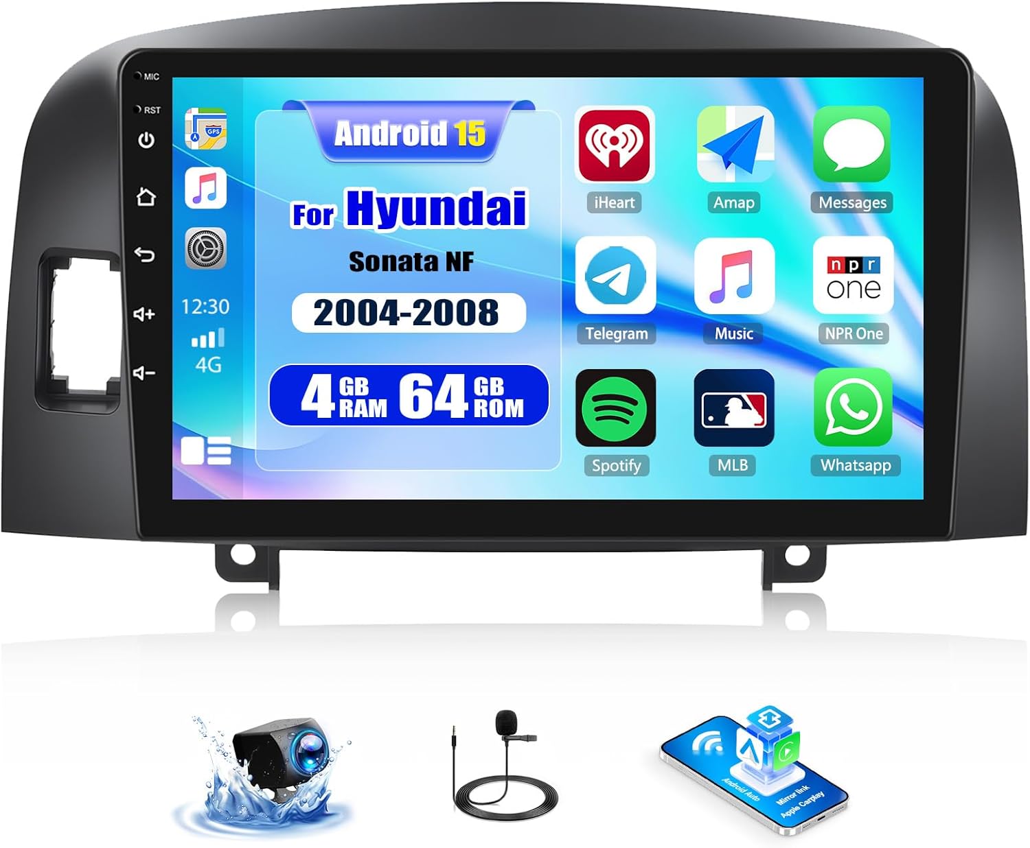 CAMECHO 4G+64G Android 15 Car Stereo for Hyundai Sonata NF 2004-2008 9 Inch Touch Screen Car Radio with Carplay Android Auto Bluetooth,32EQ/FM/RDS,GPS,DSP,WiFi, Backup Camera