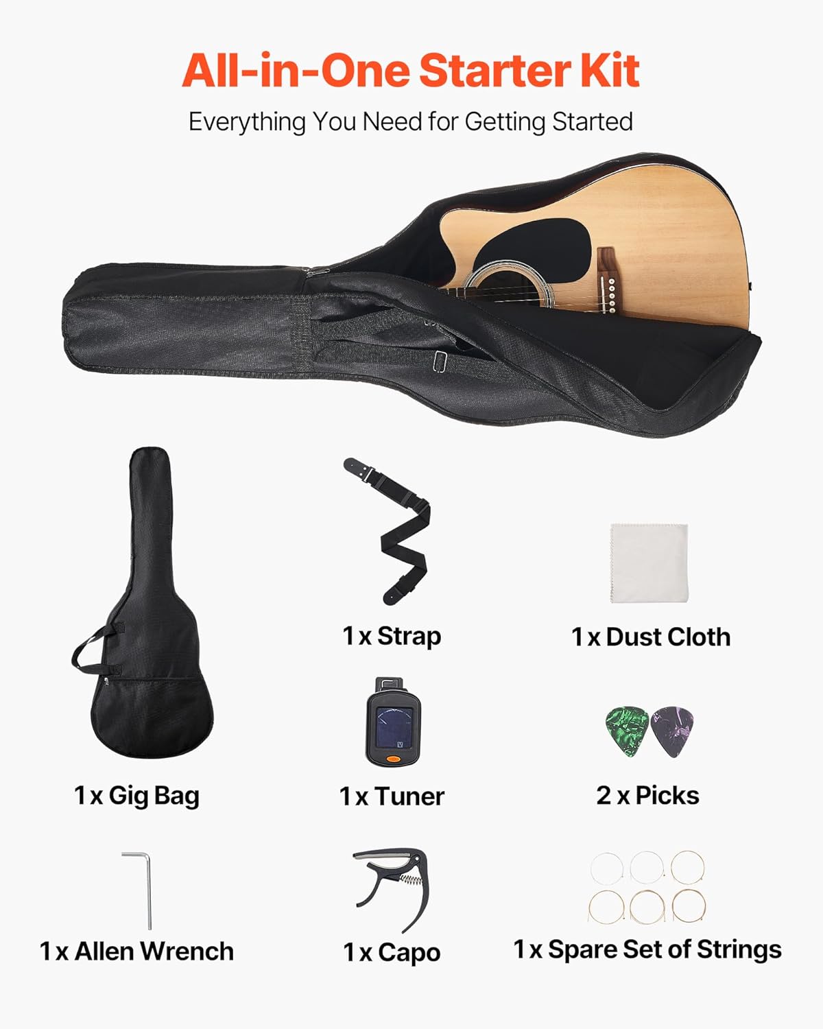 VEVOR Cutway Acoustic Guitar, 41 in, 6-String, Natural Solid Spruce Top Guitar, Beginner Bundle with Gig Bag, Tuner, Strap, Steel Strings, Picks, Capo, Rosewood Fingerboard, for Fingerstyle Solo Jazz