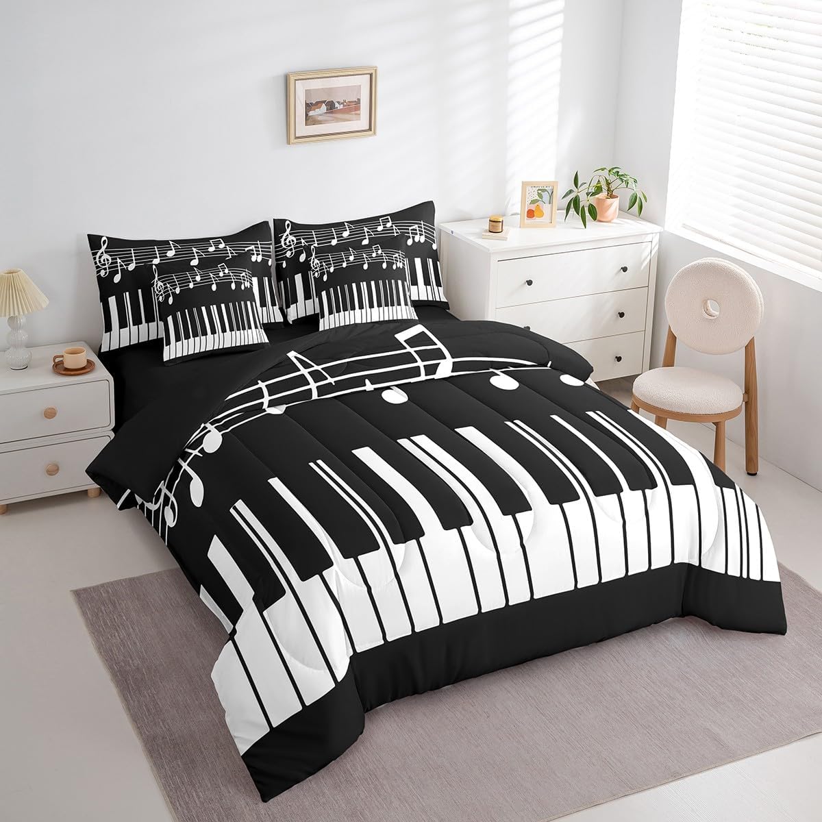 Castle Fairy Music Theme Queen 7 Pcs Bedding Sets Black White Piano Keyboard Comforter Set for Kids Teens Adults All Season (Comforter Flat Sheet Fitted Sheet 2 Pillowcases 2 Throw Pillow Covers)