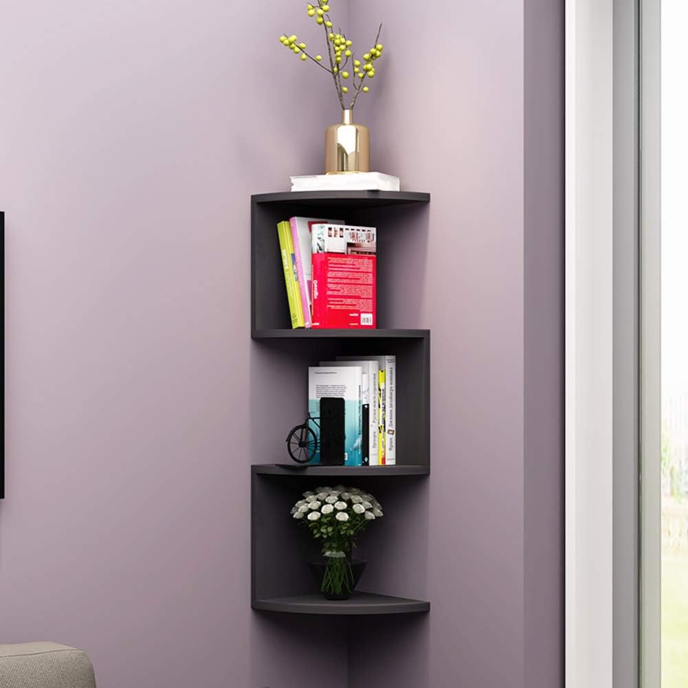 Corner Shelf 4 Tier, Wood Floating Wall Shelf Wall Mount Bookshelf Decorative Spice Rack for Kitchen Entryway Office-Black 28cm(11inch) (Black 28cm(11inch))