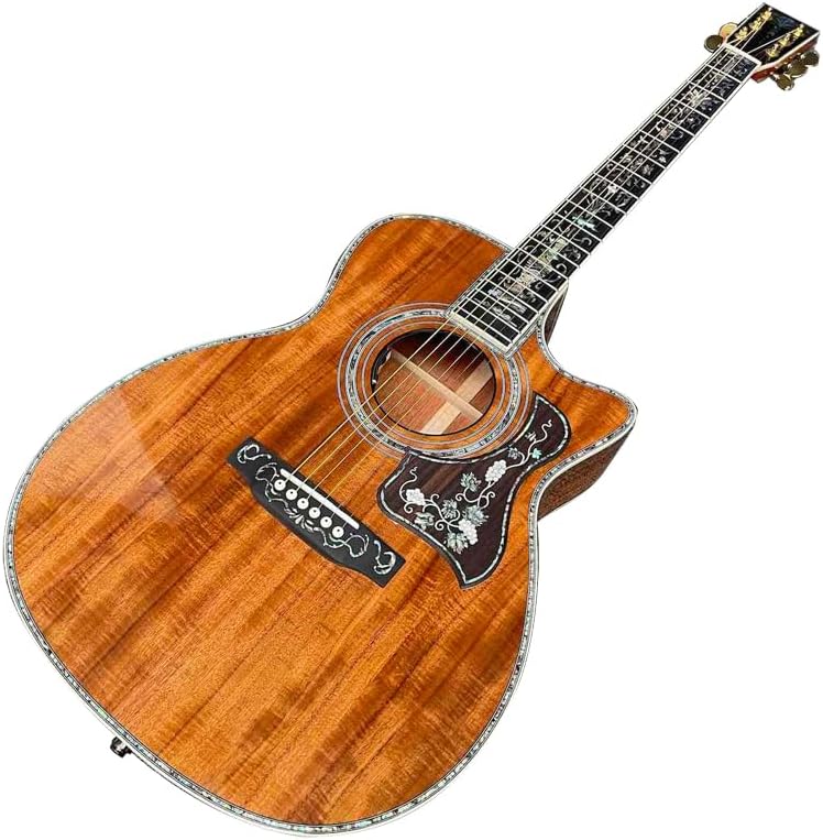 40 Inch OM Type Solid KOA Wood Top Cutaway Acoustic Guitar Ebony Fingerboard Abalone Inlays 43mm Nut Width and Hardcase