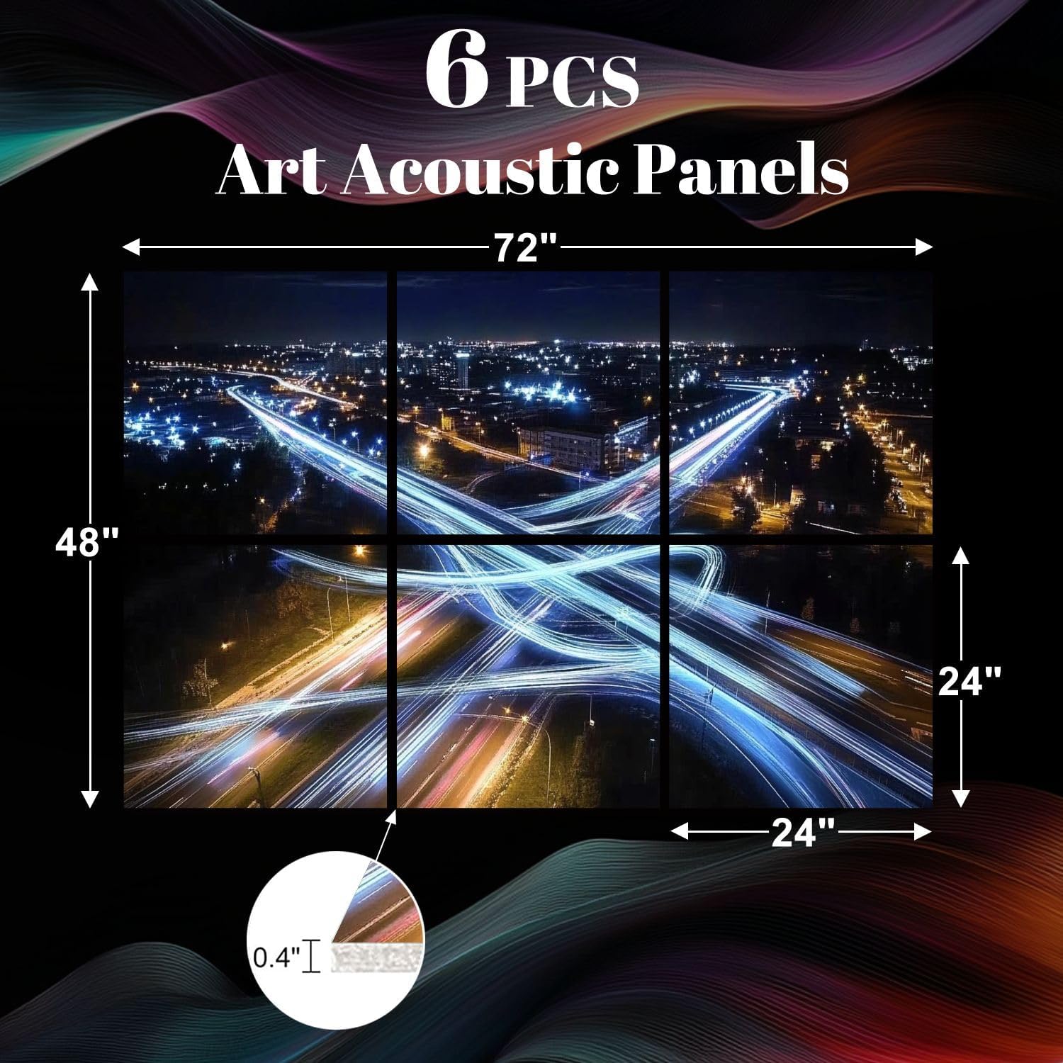 6 Pack Art Acoustic Panels Rush hour fast car moving night city Fast moving traffic drives moving Sound Absorbing Panel 48