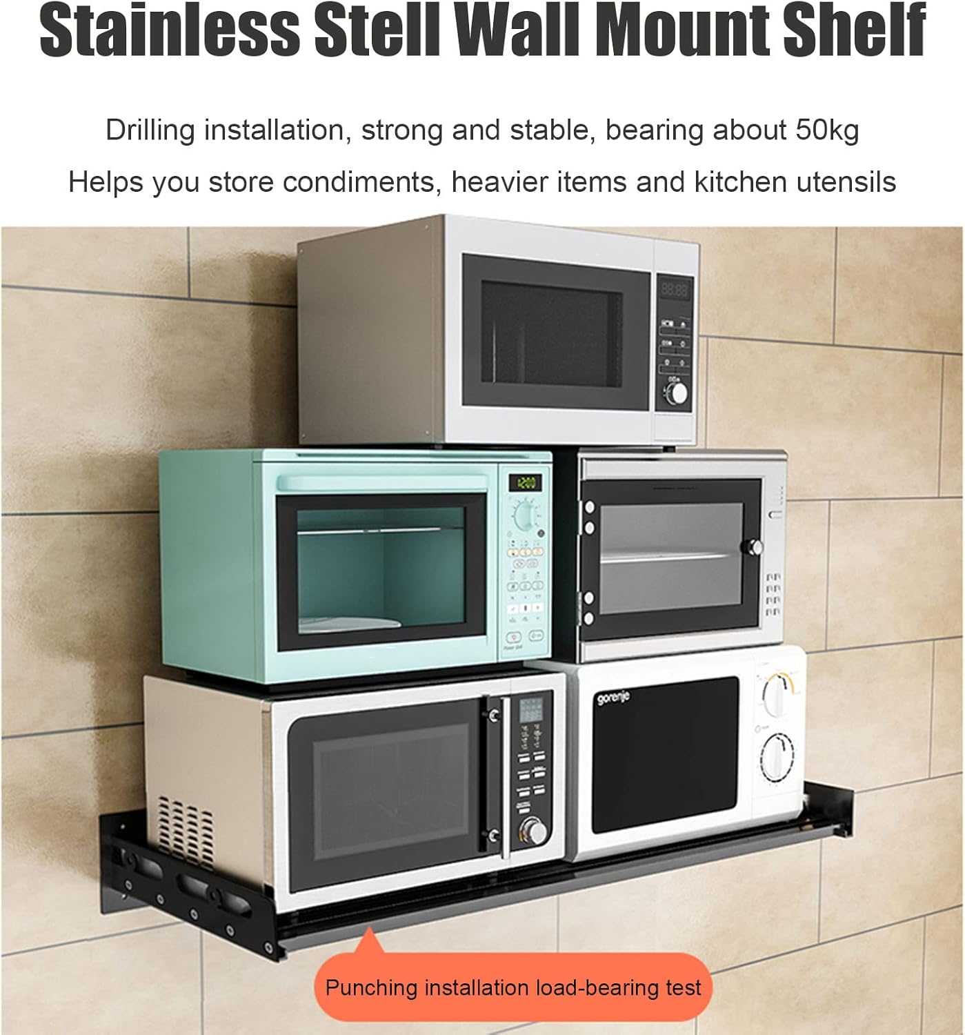 Stainless Stell Shelf Wall Mount Floating Shelving, Kitchen Spice Rack Microwave Bracket with Hooks, Commercial Restaurant Bar Multifunctional Storage Shelf, Garage/Bathroom Shelves Organization