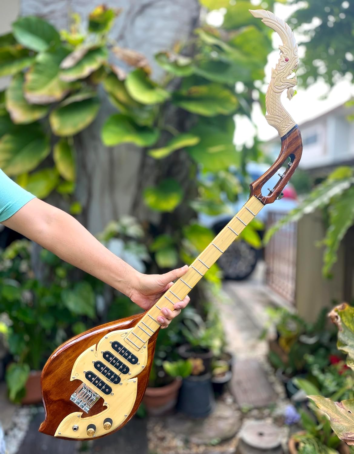 Isarn Electric Phin 3 Strings 4 Track, Thai Lao Guitar Musical Instrument, Traditional Thai Musical Pin12-1