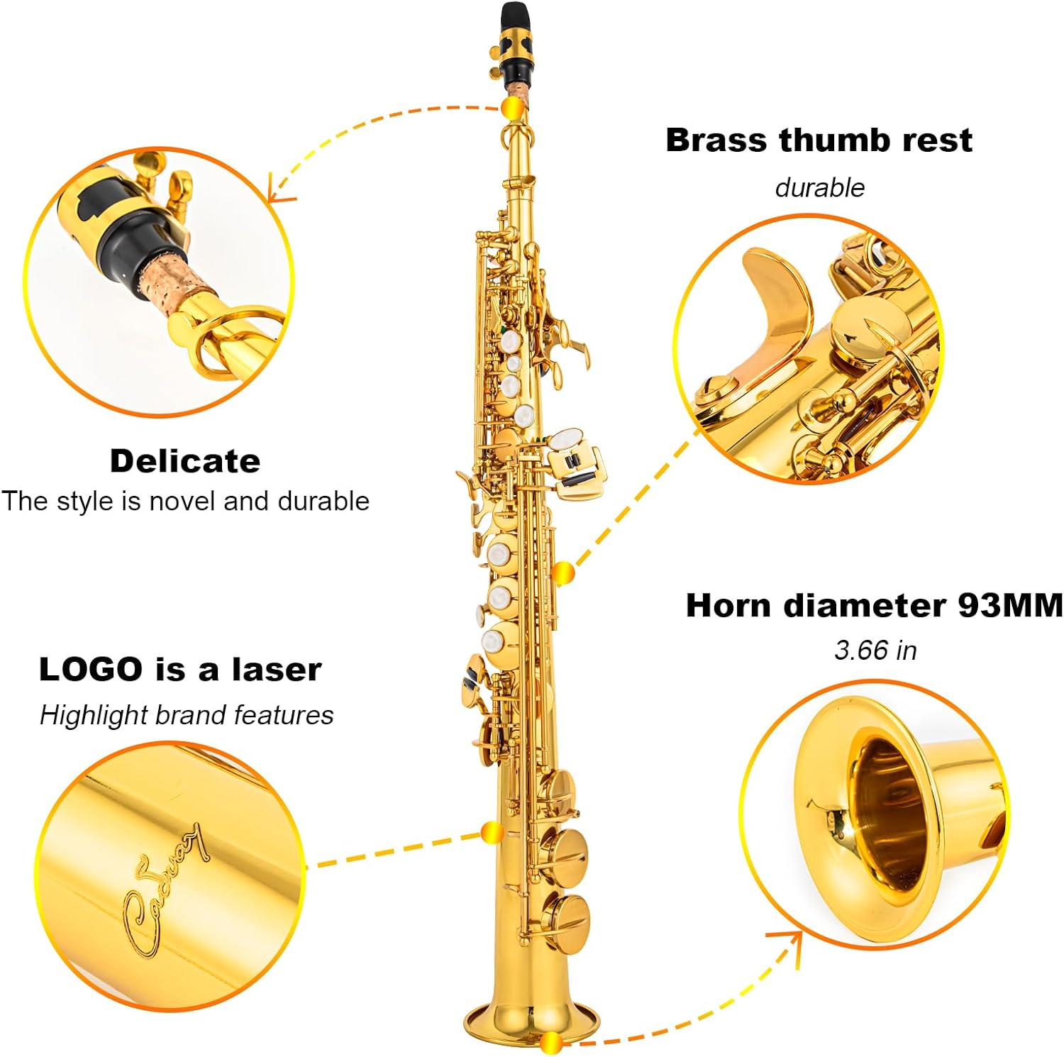 Bb Soprano Saxophone Straight Gold Laquer Sax Instruments for Beginners Students Intermediate Players with Carrying Case,White Gloves.Cleaning kit.neck Strap.Mouthpiece (golden)