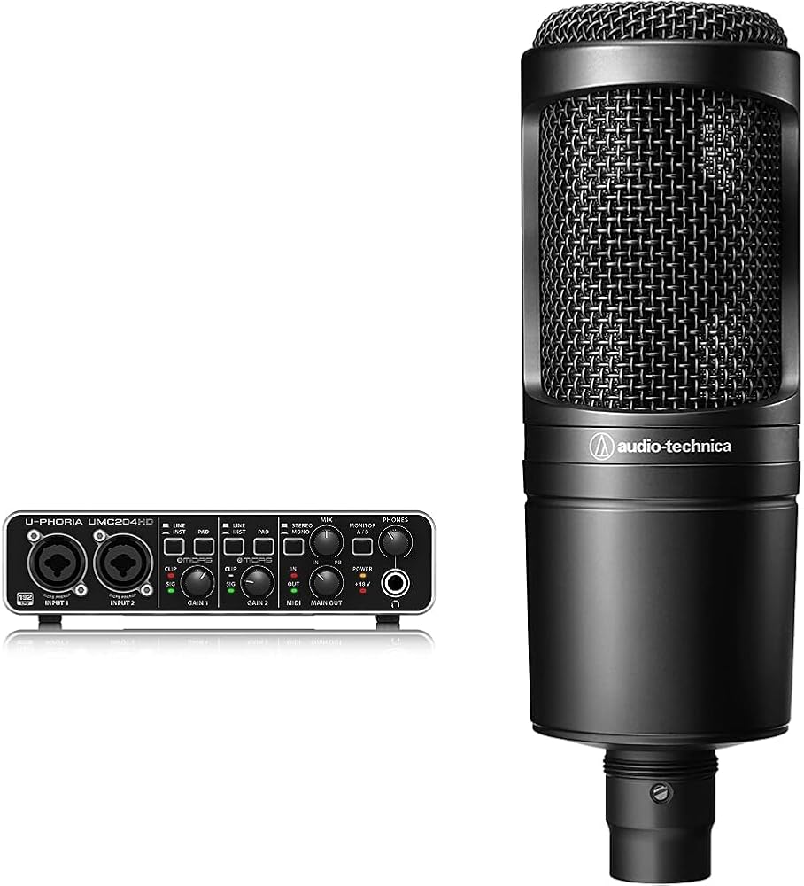 Behringer UMC204HD Audiophile 2x4 USB Audio Interface with Midas Preamps & Audio-Technica AT2020 Cardioid Condenser Studio XLR Microphone