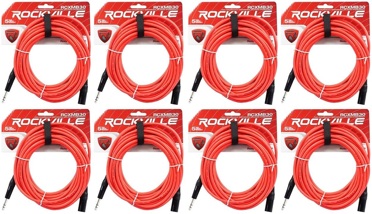 Rockville (8 RCXMB30R 30' Male REAN XLR to 1/4'' TRS Cable Red 100% Copper