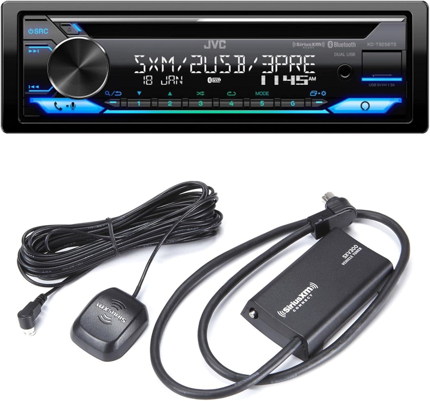 JVC KD-T925BTS CD Receiver Featuring Bluetooth®, Front & Rear Dual USB, Sirius XM, Amazon Alexa, 13-Band EQ, Variable-Color Illumination, with SXV300v1 Satellite Radio Tuner