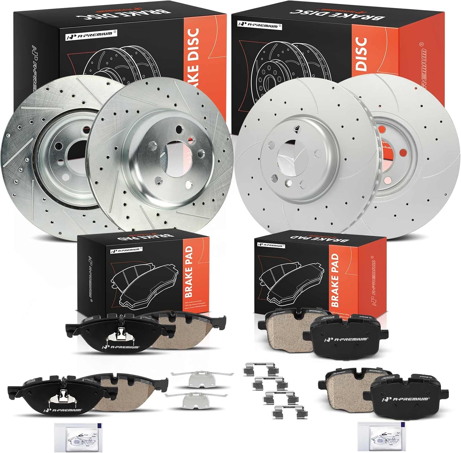 A-Premium Front and Rear Drilled and Slotted Disc Brake Rotors + Ceramic Pads Kit Compatible with Select BMW Models - 550i, 550i xDrive, 650i Gran Coupe, 650i xDrive, 650i xDrive Gran Coupe, 12-PC Set