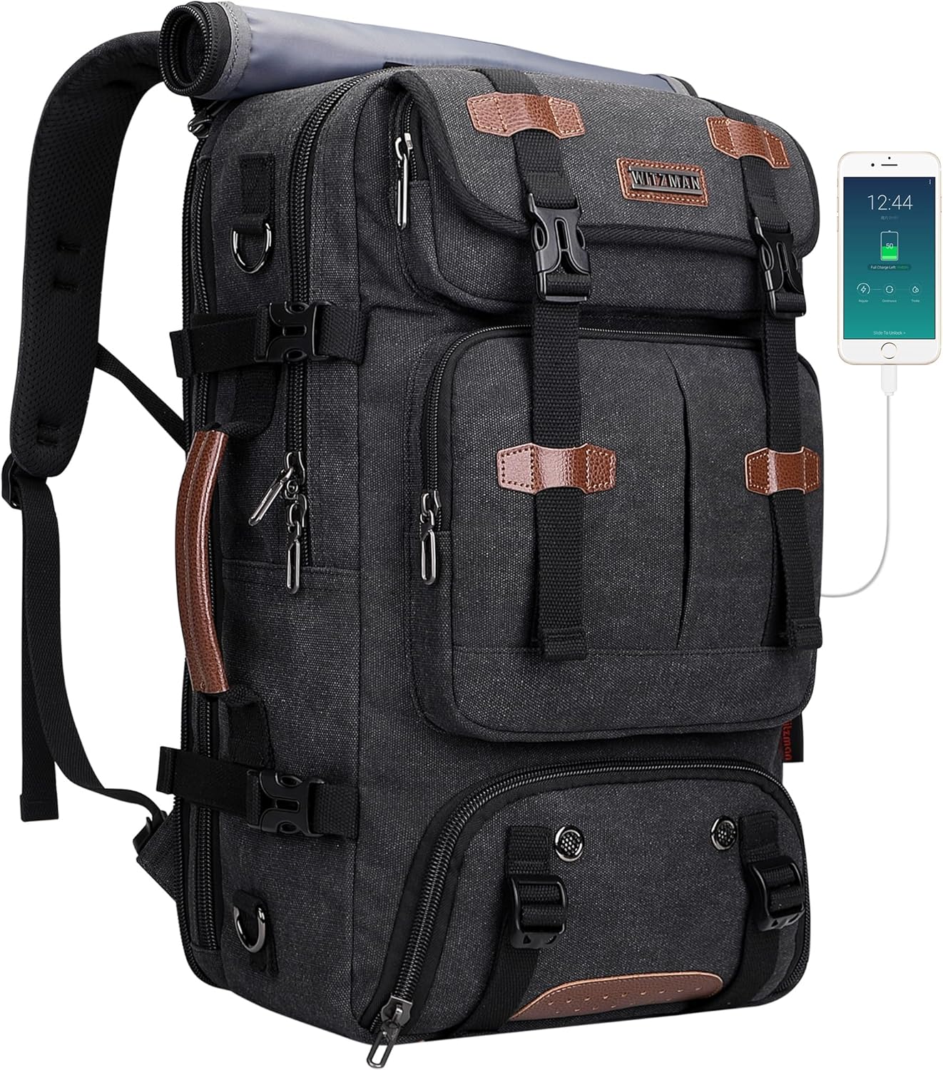 WITZMAN Travel Backpack for Men 40L Large Carry-on Airline Approved Convertible 3 in 1 laptop Bags Fit 17 inch(A8013 Black)