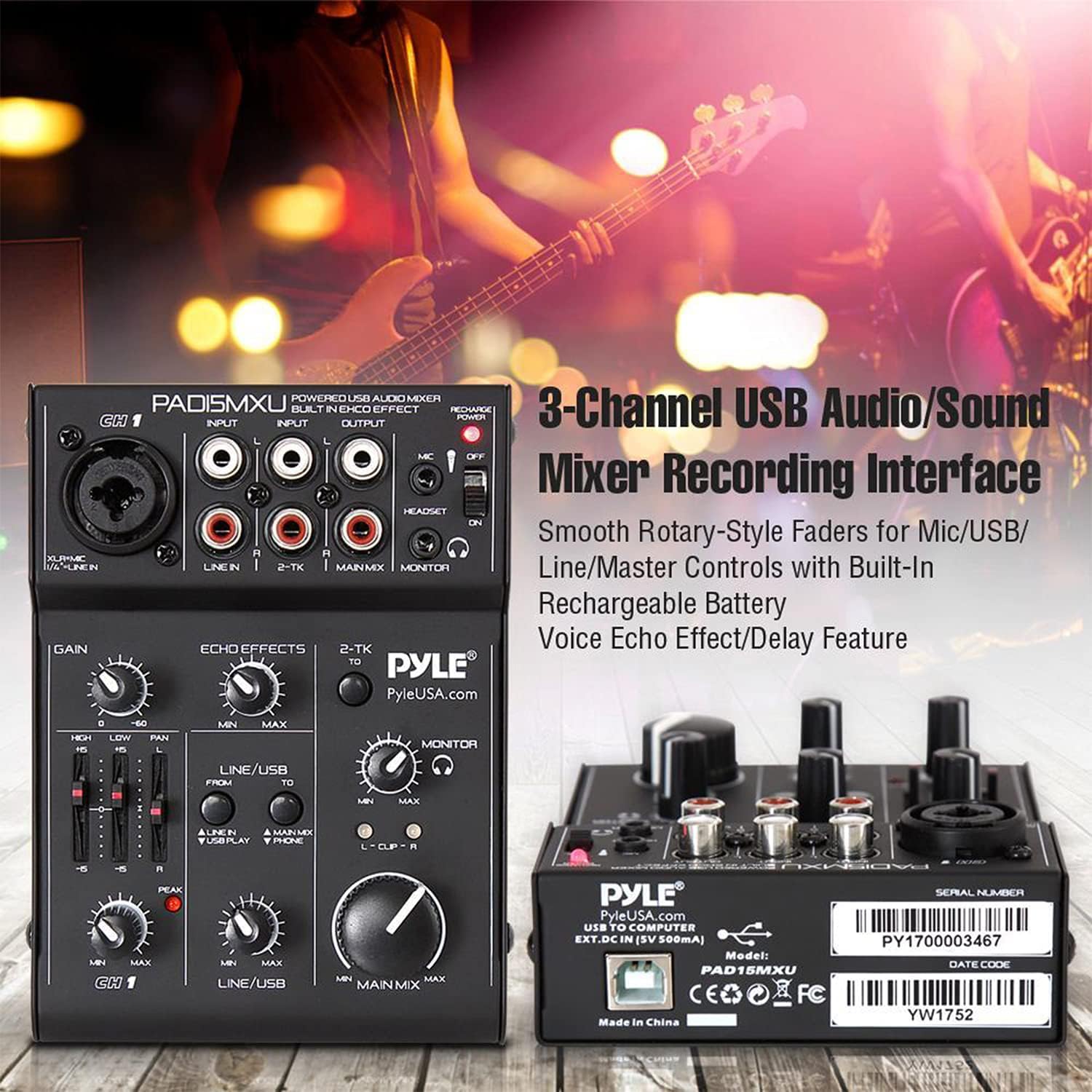 Pyle 3 Channel DJ Controller - USB Mixer Sound Audio Recording Interface with XLR & 3.5 mm Microphone Jack, Line In RCA, Rechargeable Battery, Mix Monitoring, For Professional/ Beginners - PAD15MXU