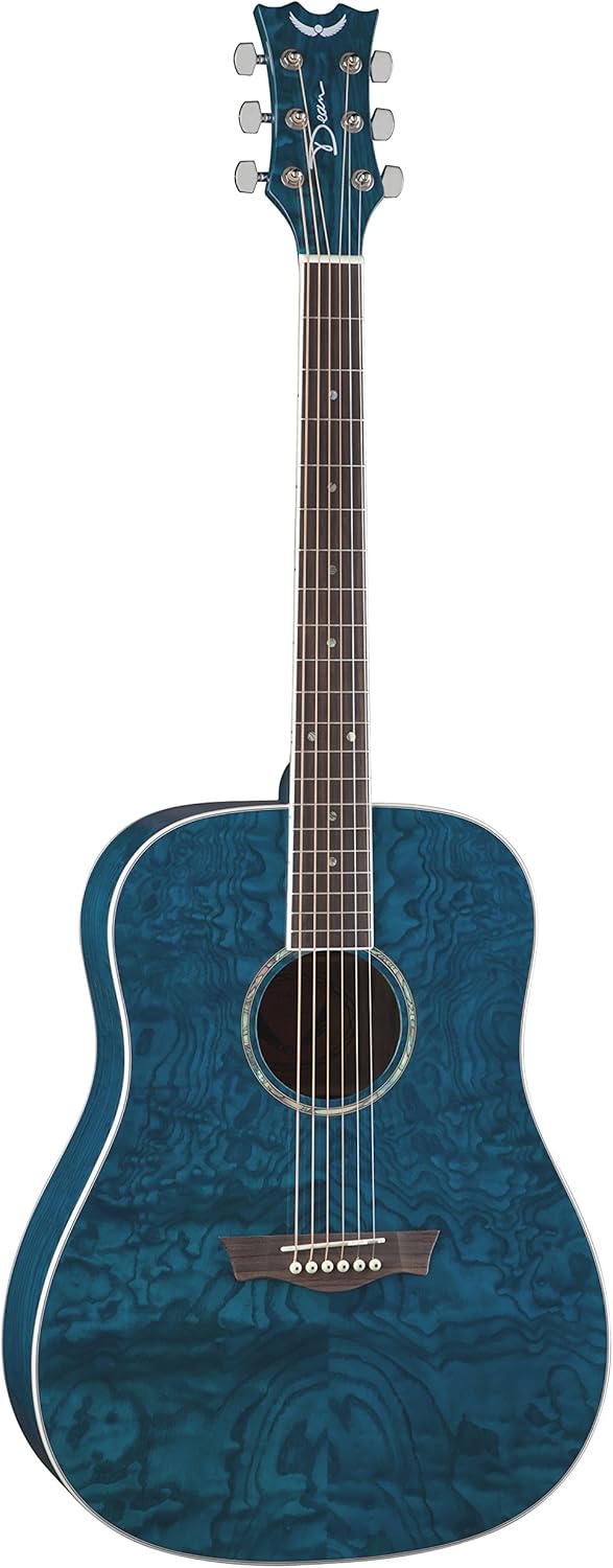 Dean AX DQA TBL Dread Quilt Ash Acoustic Guitar, Trans Blue