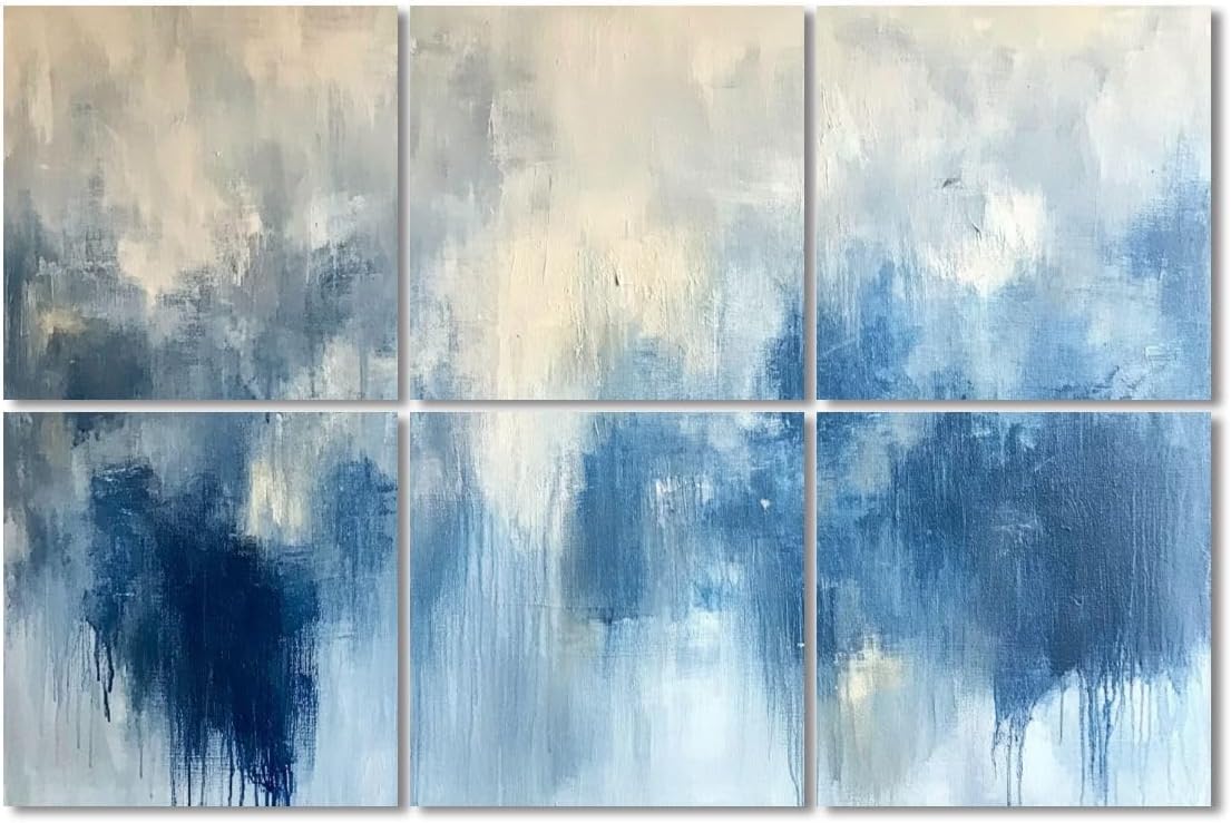 6 Pack Art Acoustic Panels Sound Absorbing Blue Cream Abstract Modern Blurred Shapes Dripping Tones Cloud like Decorative Soundproof Wall Panels Self Adhesive for Recording Studios Office 72