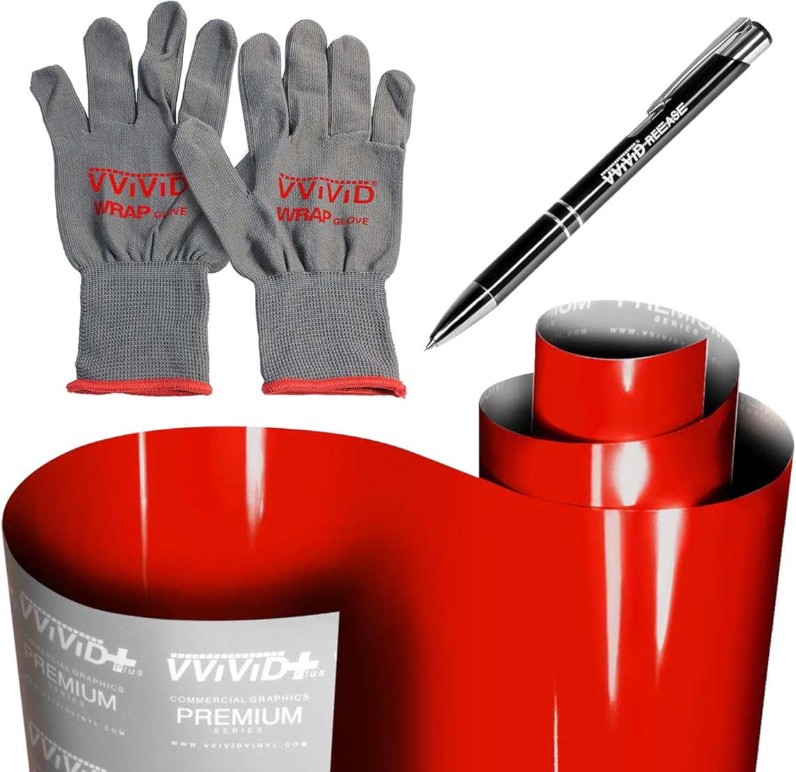 VViViD+ Ultra Gloss Racing Red Automotive Vinyl Wrap (15ft x 5ft) + Grey Professional Wrap Gloves (2) + Air Release Pen for Weeding Bundle - M0