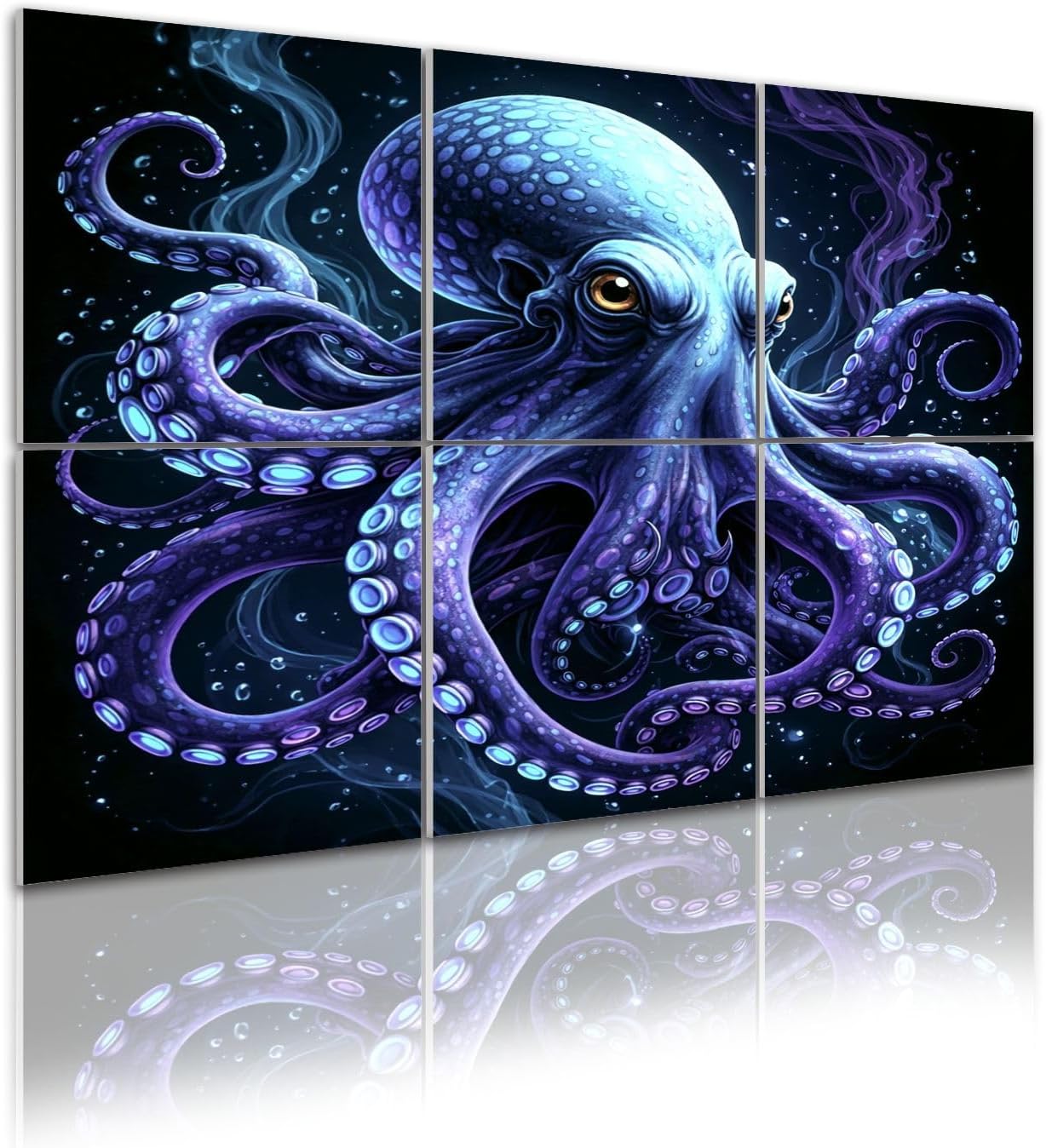 6 Pack Art Acoustic Panels Self Adhesive Octopus Fantasy Glowing Blue Purple Tentacles Bioluminescent Decorative Soundproof Wall Panels Sound Absorbing Panel 48