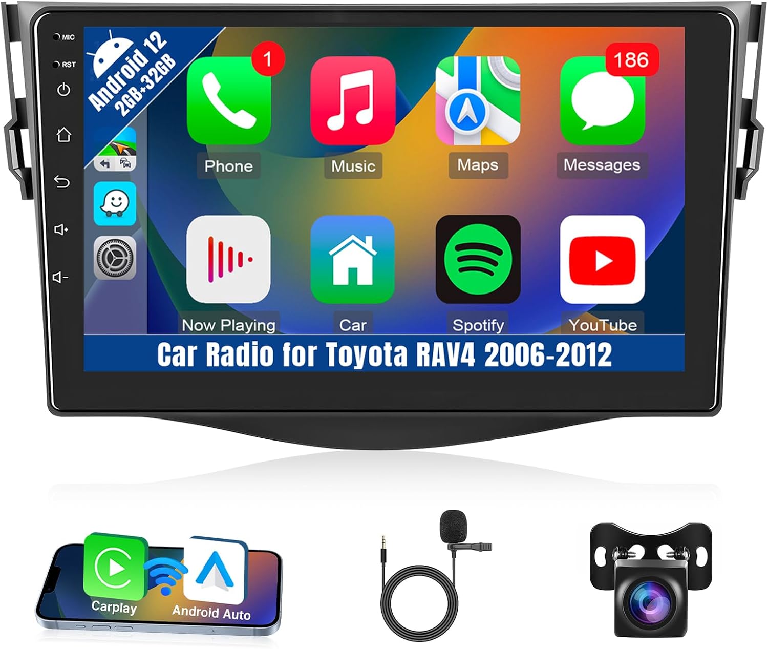 Car Radio for Toyota RAV4 2006 2007 2008 2009 2010 2011 2012 with Wireless Carplay Android Auto, 9 inch Screen for Toyota RAV4 GPS SWC Backup Camera (Model A: NOT Fit for J.B.L&Large Screen)