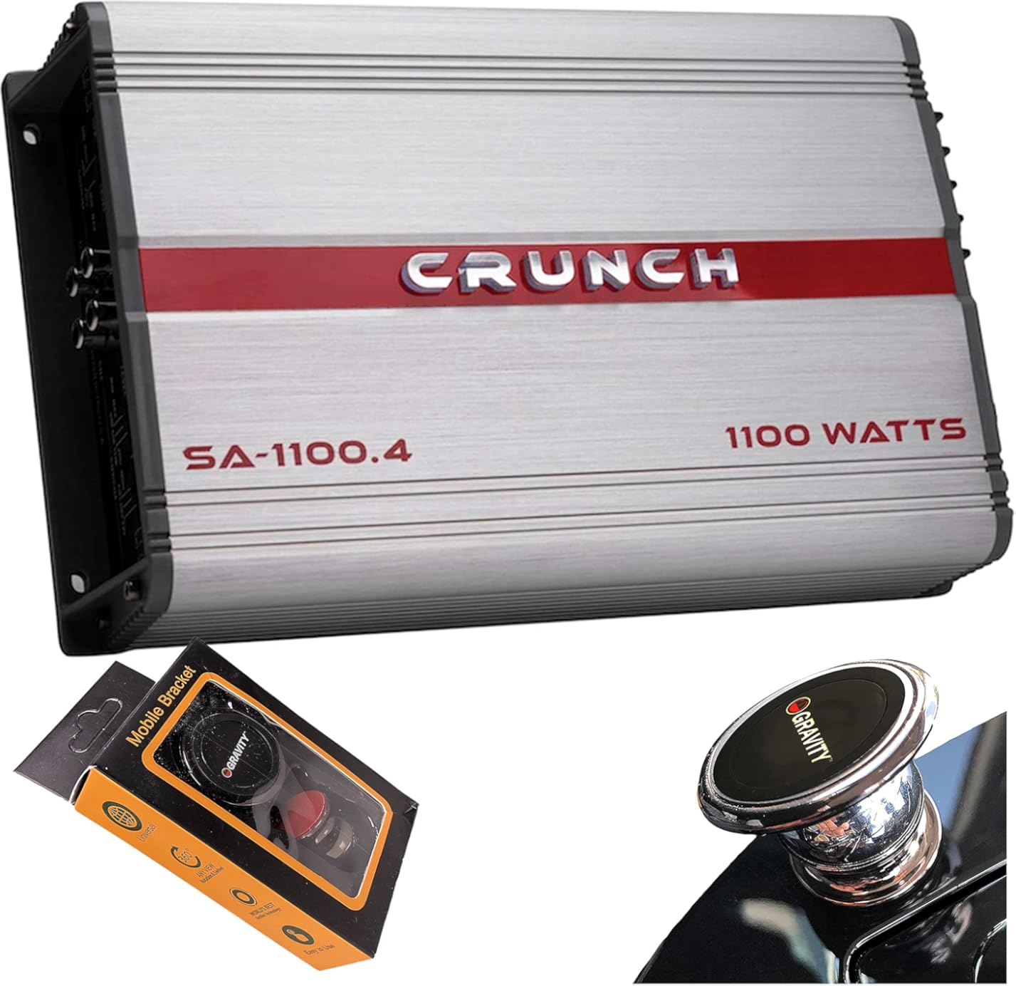 Crunch SA-1100.4 Smash Series 1,100-Watt 4-Channel Class AB Amp Car Audio Sound System Subwoofer Speaker Amp Amplifier with Gravity Magnet Phone Holder Bundle