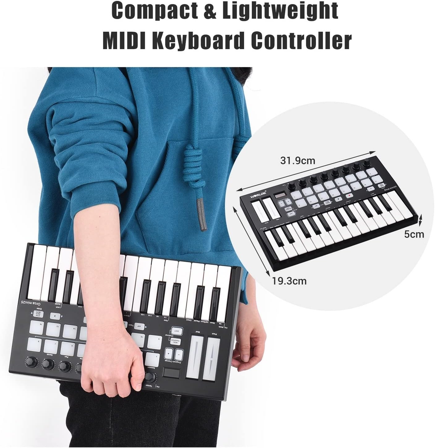 Keyboard Piano 25-Key USB MIDI Keyboard Controller with 16 RGB Backlit Trigger Pads 8 Assignable Control Knobs