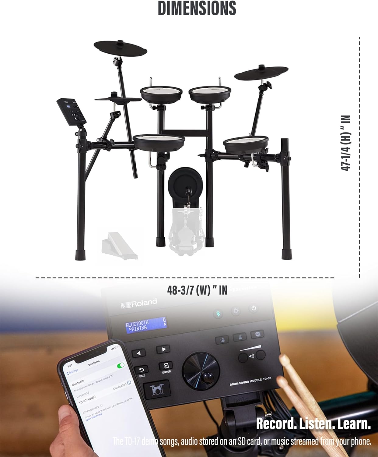 Roland V-Drums TD-07KV Electronic Drum Set Bundle with Drumstick Bag, 3.5mm Audio Cable, 3 Pairs of Drumsticks, and Austin Bazaar Polishing Cloth