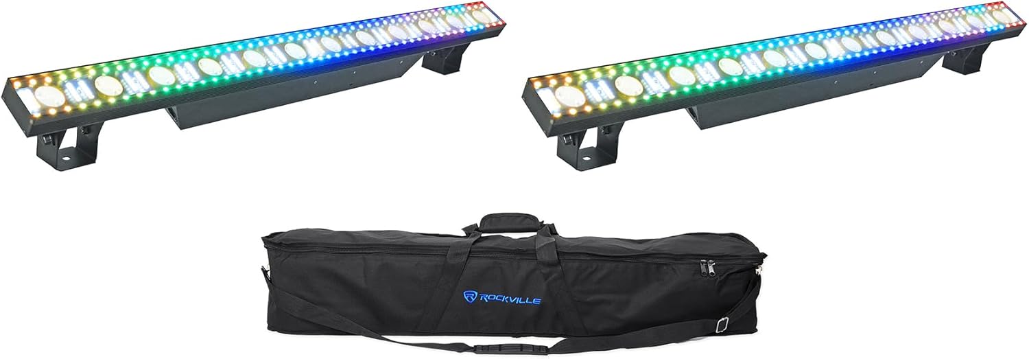 Rockville Pixel Hybrid Bar Bundle: (2) Battery Powered Light Strips RGB Pixel Linear Wash with Strobe and Blinder, RLB60 Travel Bag for Light Strips, 3-Items