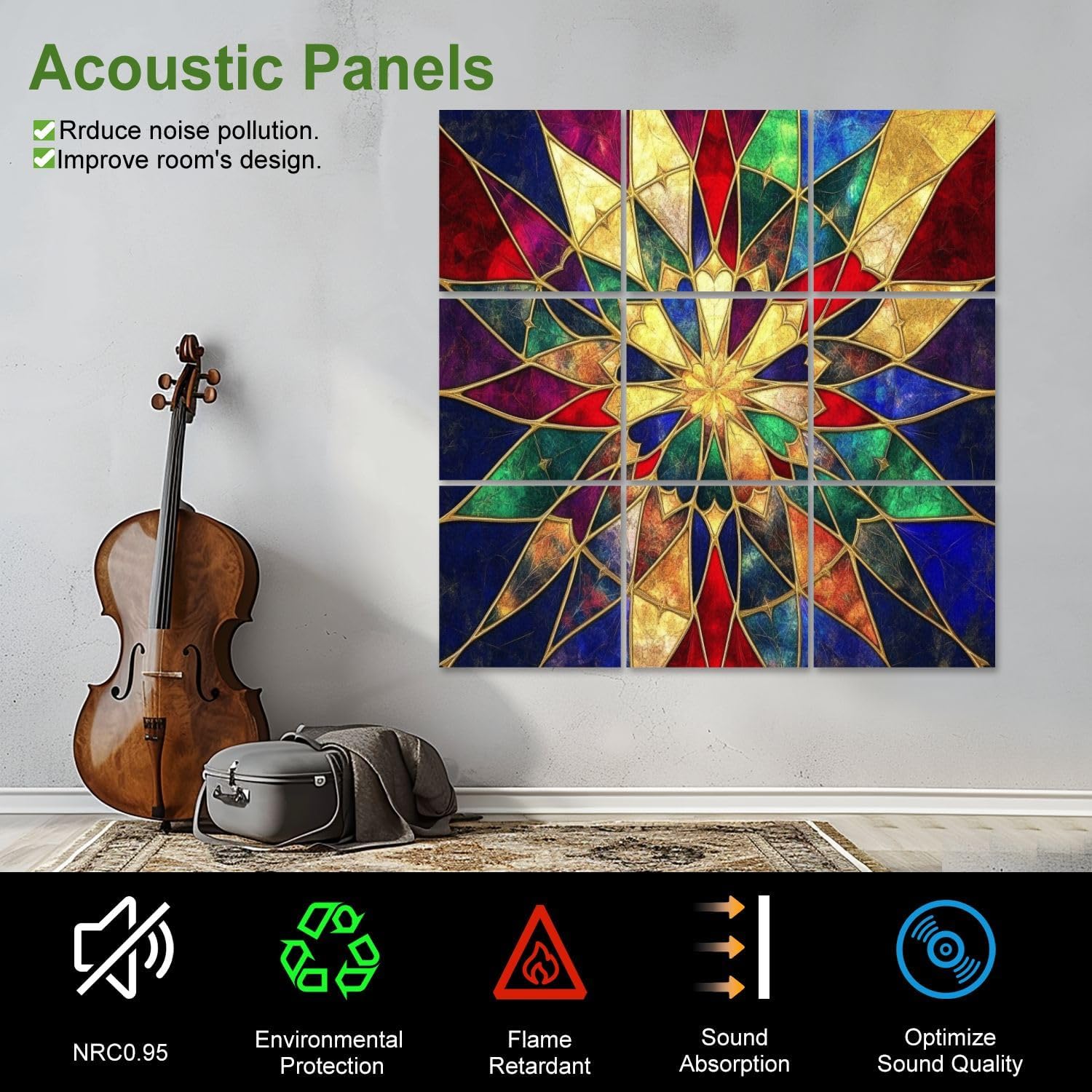 Art Acoustic Panels Self Adhesive Multicolored Geometric Burst Radial Symmetry Canvas Print 9 Packs Decorative Soundproof Wall Panels Large Sound Absorbing Panels for Home Office 60