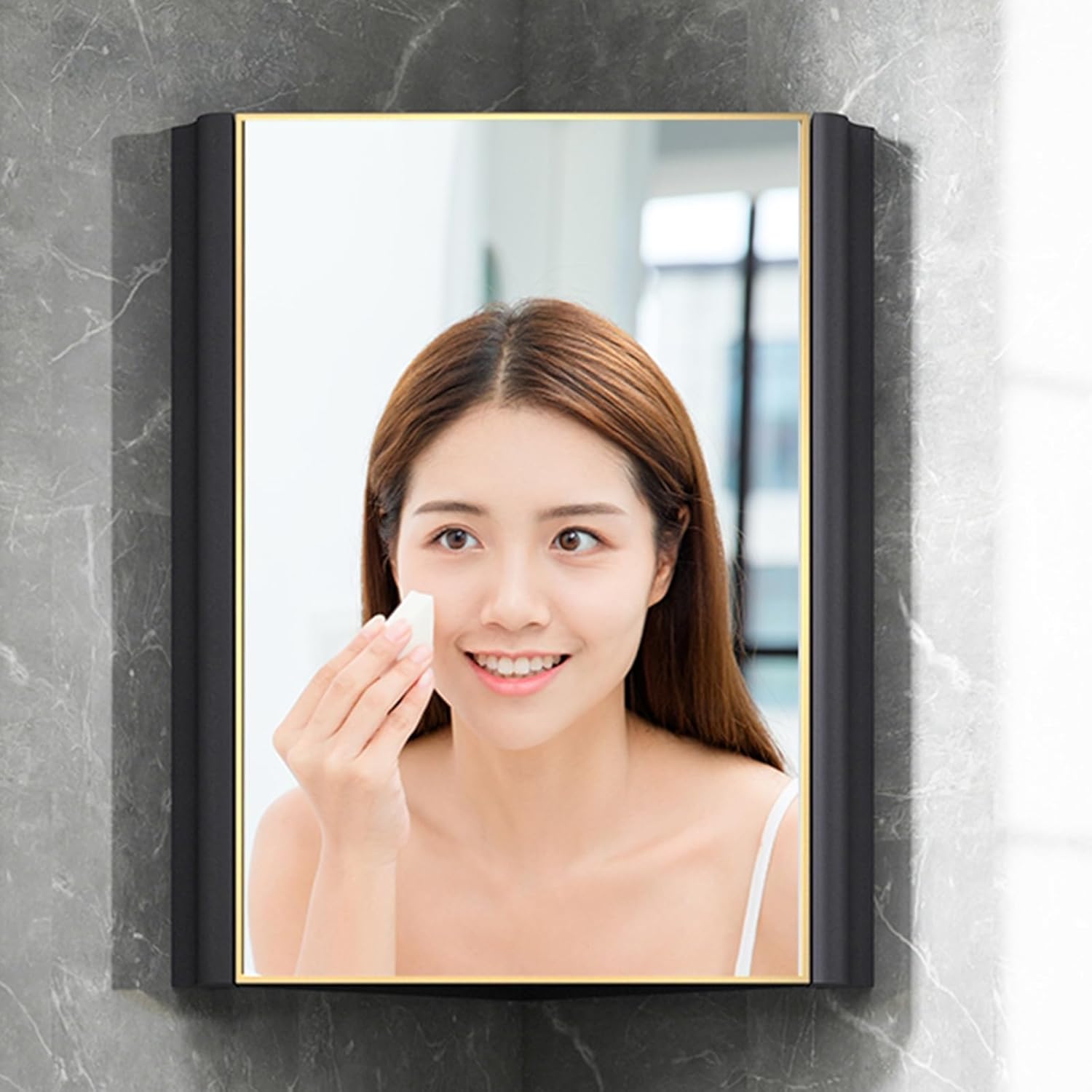 Corner Bathroom Vanity Sink Combo, Wall Mount Multifunctional Practical Ceramic Sink with Mirror Cabinet, Wall Mount Vessel Sink for Small Space(Gray,38cm/15in)