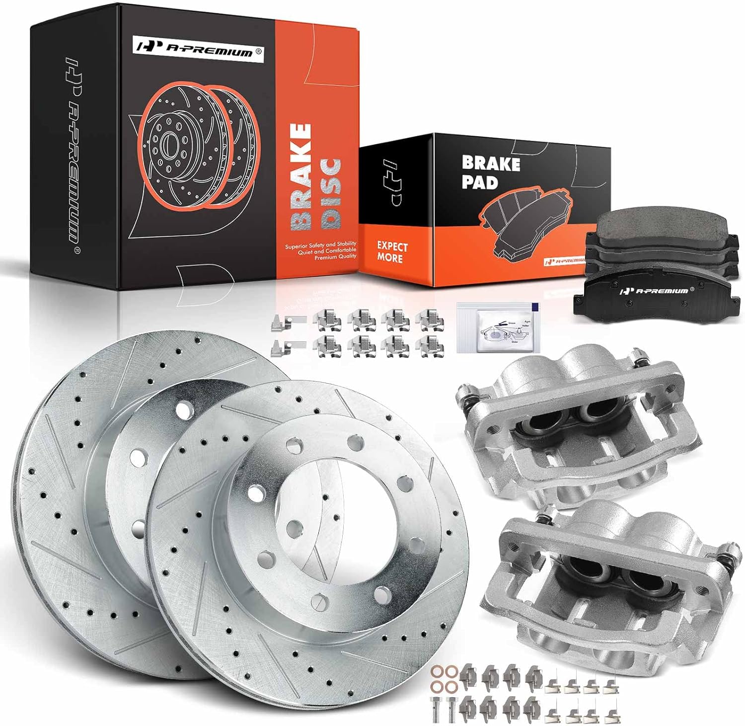 A-Premium Front Drilled and Slotted Disc Brake Rotors and Ceramic Pads Kit with Calipers Compatible with Ford F-250 Super Duty 2005-2012, F-350 Super Duty 2005-2007 8-PC Set