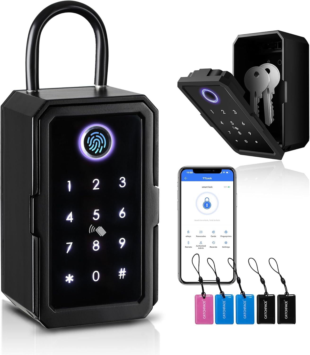 Smart Box Lock,CATCHFACE Key Lock Box Wireless Lock Box with App and Share ekey Bluetooth Key Lockbox Door Handle Biometric Lockbox Wall Mounted Smart lockbox for Apartment Realtor Office Home[New]
