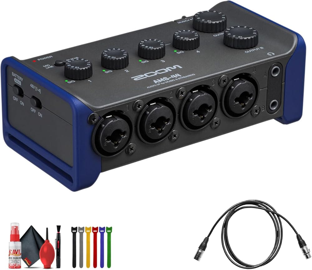 Zoom AMS-44 USB Audio Interface, 4 Inputs, 4 Outputs, Loopback, Direct Monitoring, Bus-Powered, for Recording and Streaming on PC, Mac, iOS, and Android Bundle With Cleaning kit + Straps + More