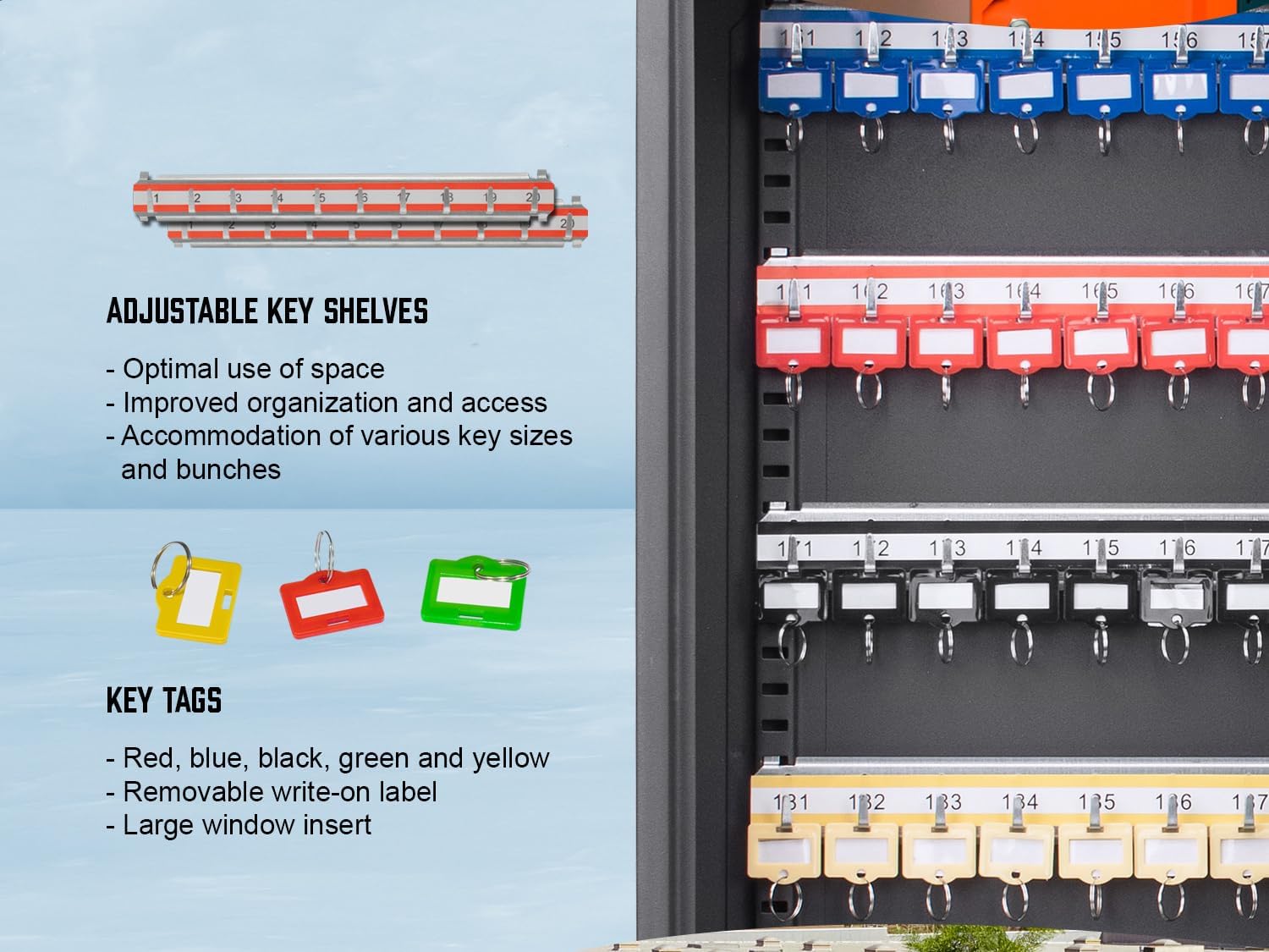 Barska 200 Position Combination Key Lock Box – Wall Mount Steel Key Cabinet with Adjustable Numbered Hooks, Index Log, Colored Tags for Office or Business