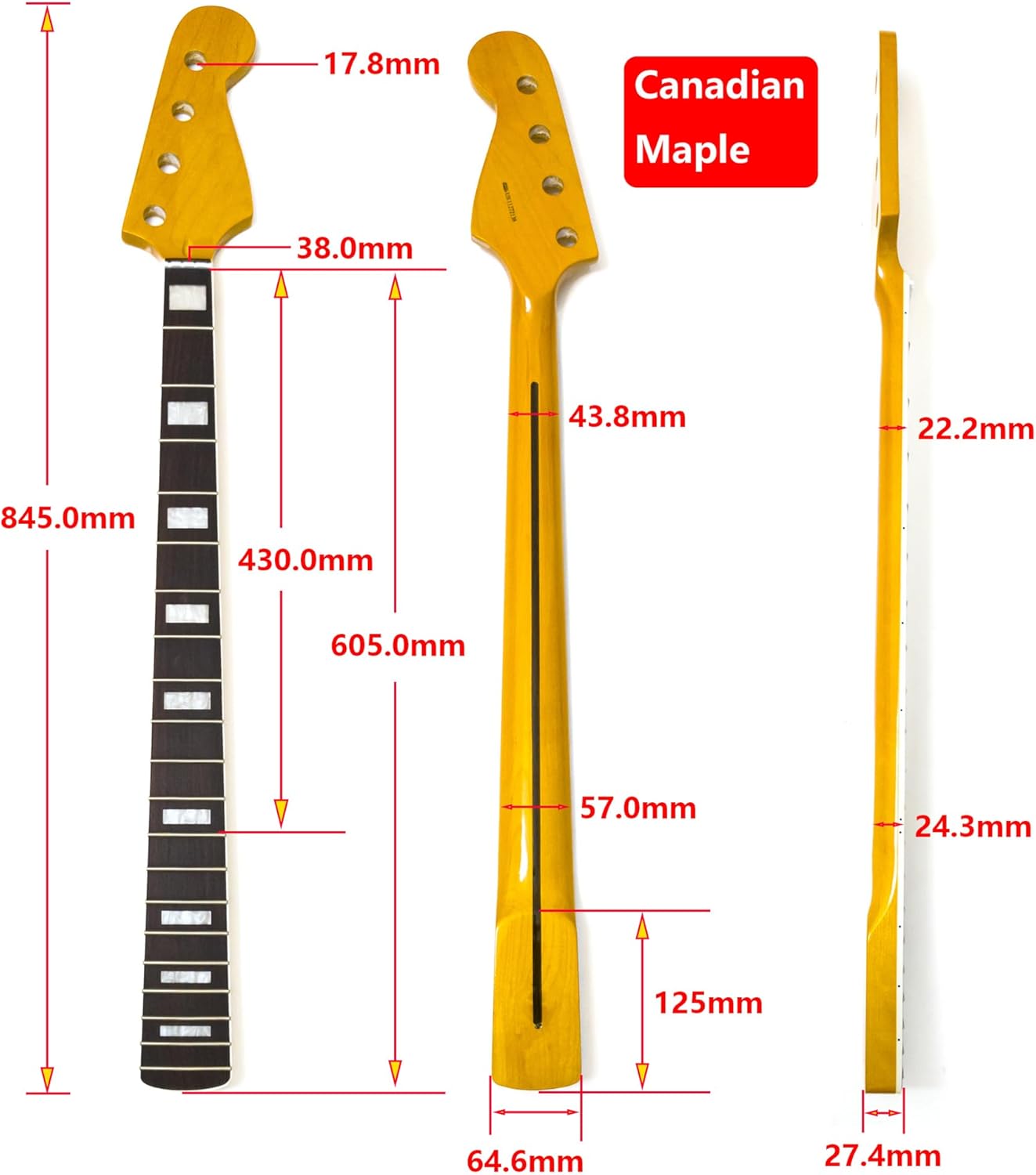 20 Frets Maple 4-String Bass Guitar Neck for Fender Jazz Bass, Rosewood Fingerboard, 38mm Nut, Adjustable Truss Rod, Gloss Finish