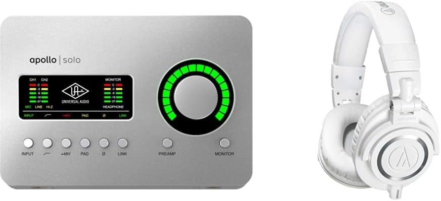 Universal Audio Apollo Solo Heritage Edition, APLS-HE & Audio-Technica ATH-M50XWH Professional Studio Monitor Headphones, White