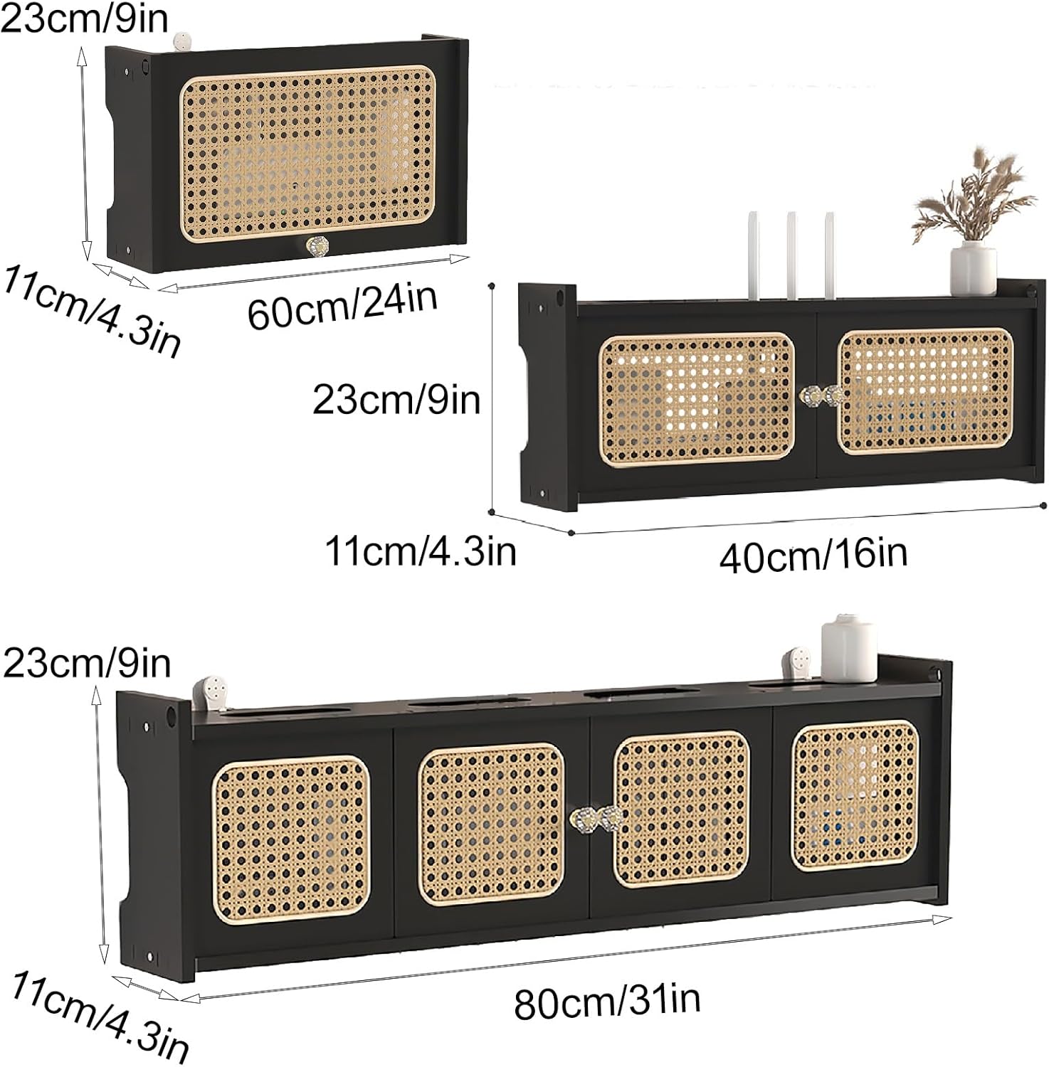 Wall-Mounted Rattan WiFi Router Shelf, Decorative Modem & Cable Organizer Box, Cable Power Plug Wire Storage Boxes, Invisible Storage Multi-Layer Shelves for Home(Black,60*11*23cm/24*4.3*9in)