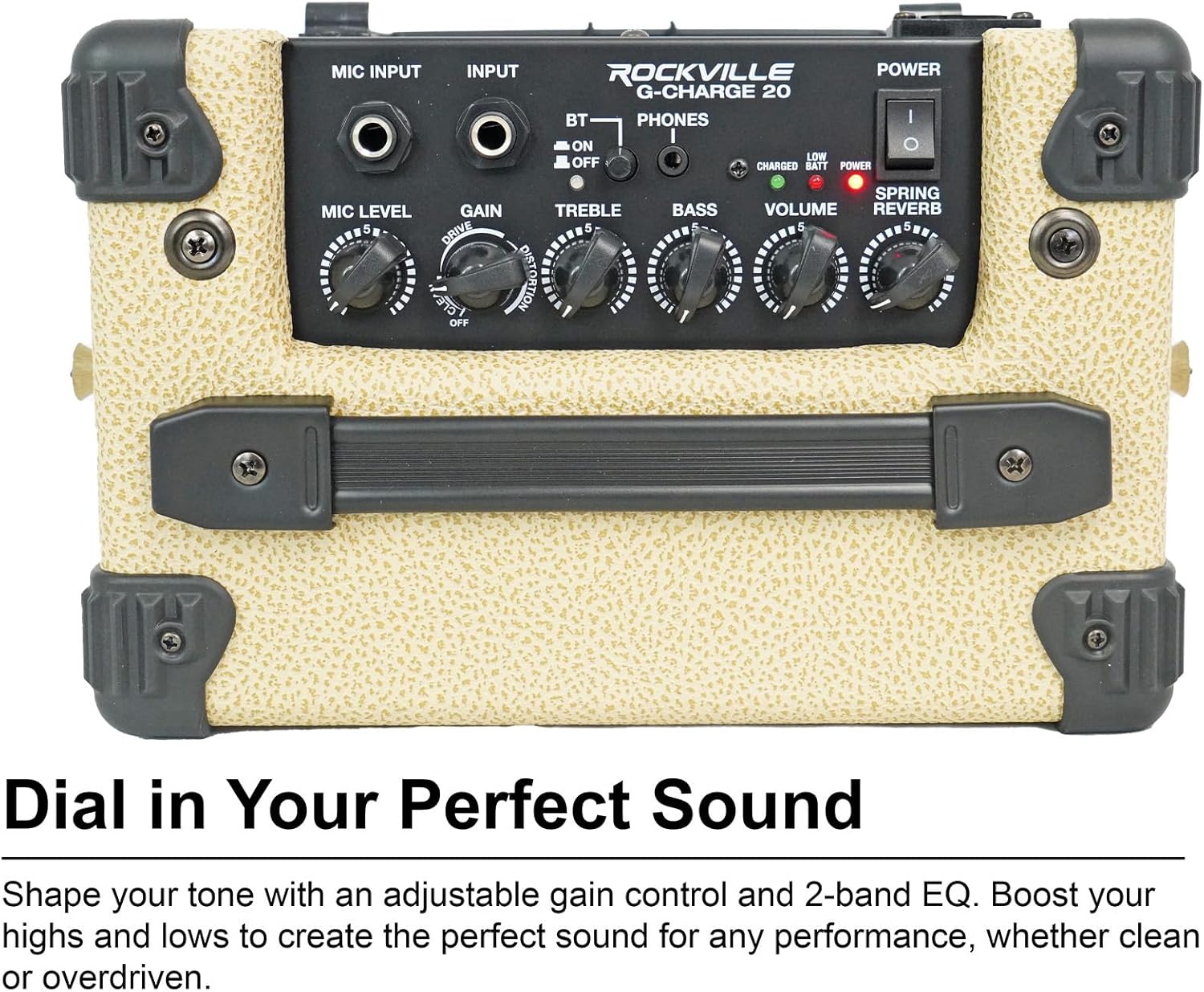 Rockville G-CHARGE 20 Beige 20W Battery-Powered Guitar Amplifier, 6.5” Speaker, Spring Reverb, Bluetooth, Mic Input, Kickback Stand, Rechargeable Amp, For Street Performances, Home Jams & Outdoor Play