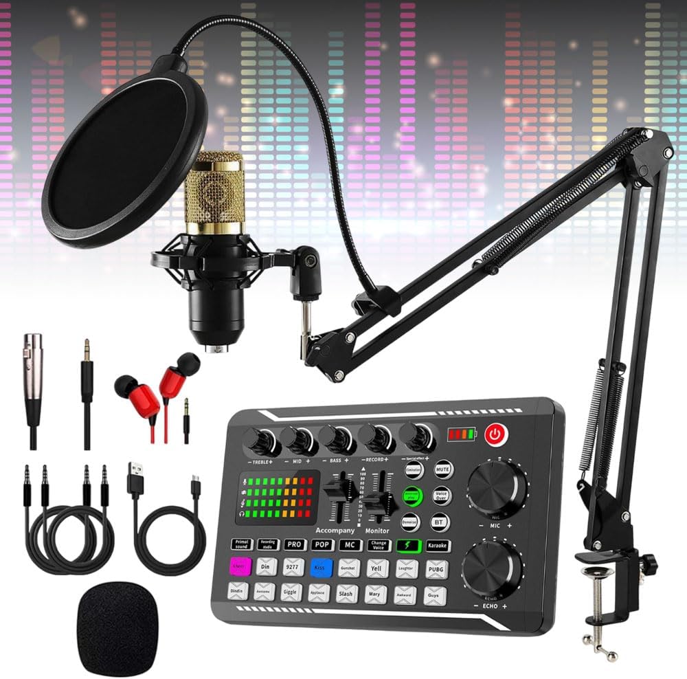 2025 New F998 Live Sound Card With DJ Mixer Effects & Voice Changer, Audio Interface Mixer, Effects Board Set Mixing Console Amplifier for Phone PC (C)