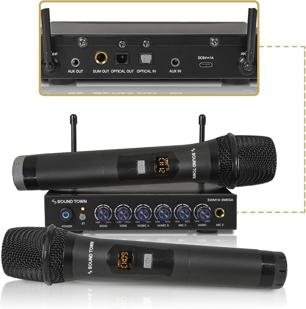 Sound Town 100 Channels Wireless Microphone Karaoke Mixer System with 2 Metal Handheld Microphones, Optical (Toslink), AUX, for Smart TV, Home Theater, Sound Bar (SWM16-2MEGA)