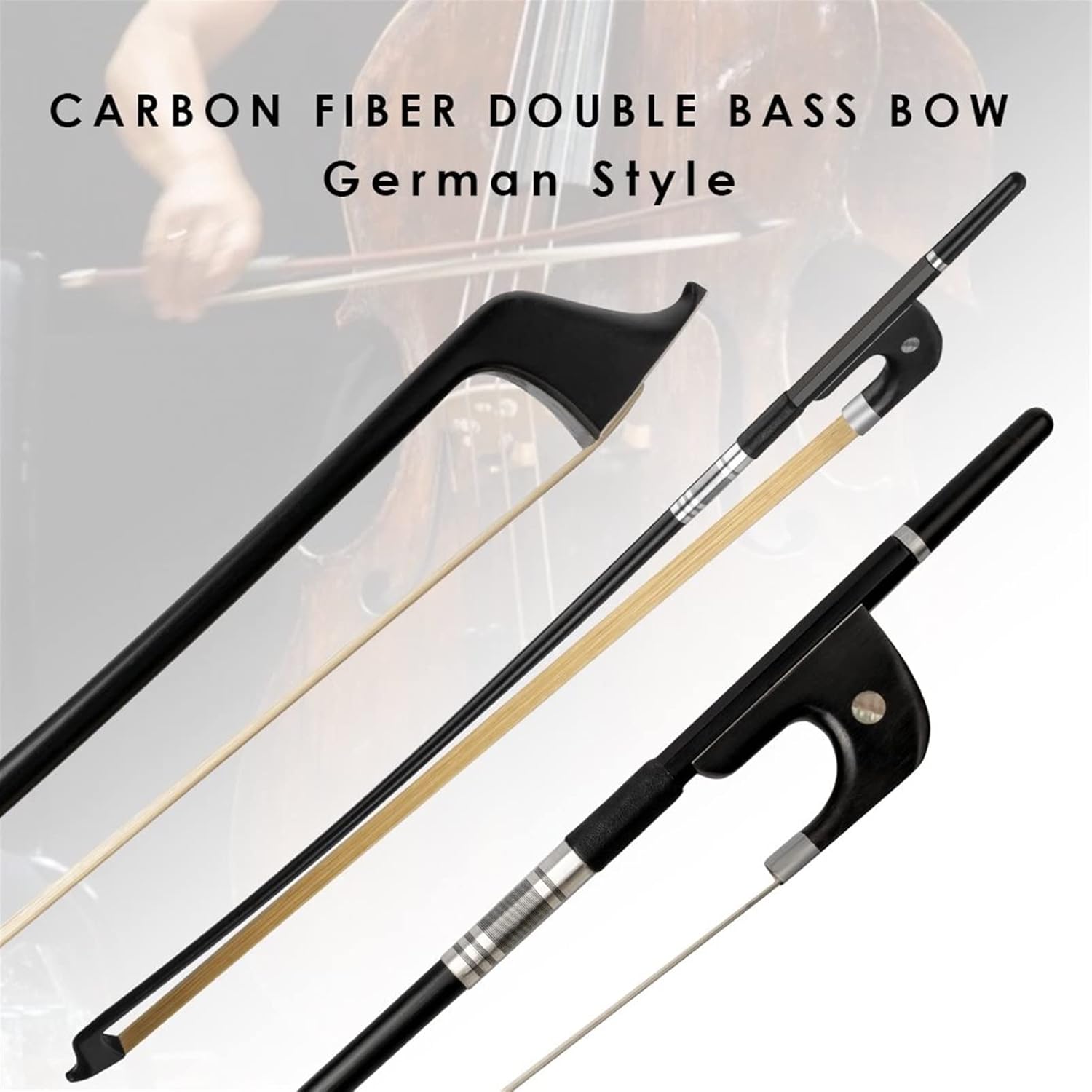 TSTS Durable 4/4 Double Bass Bow Carbon Fiber Bow Round Stick White Horsehair Ebony Frog Paris Eye Inlay Full Size Violin Bow