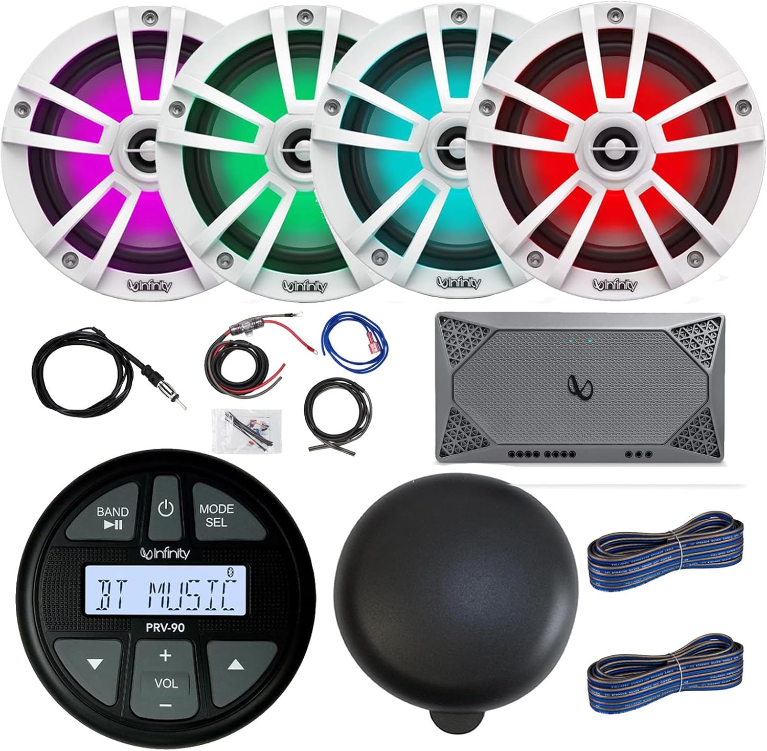 Infinity Marine Gauge Style AM/FM Bluetooth AUX/USB Stereo Receiver, Two Pair (4) 6.5