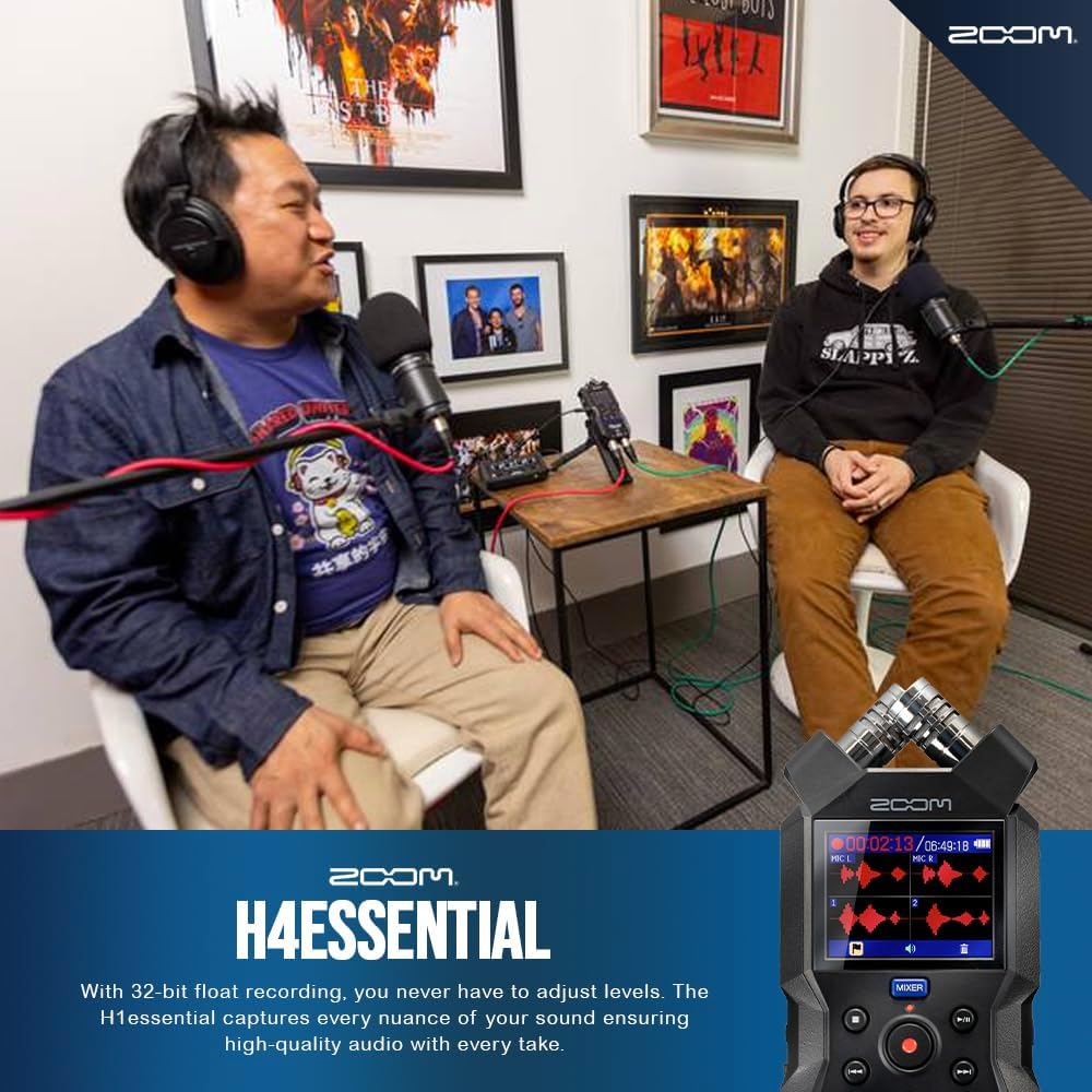 Zoom H4essential 4-Track Handy Recorder, 32-Bit Float, XY Mic, Accessibility, XLR/TRS Inputs with 64GB SD, Rechargeable Batteries, Podcast Mic Set, Mic Muff & More for Podcasting, Music & Interviews