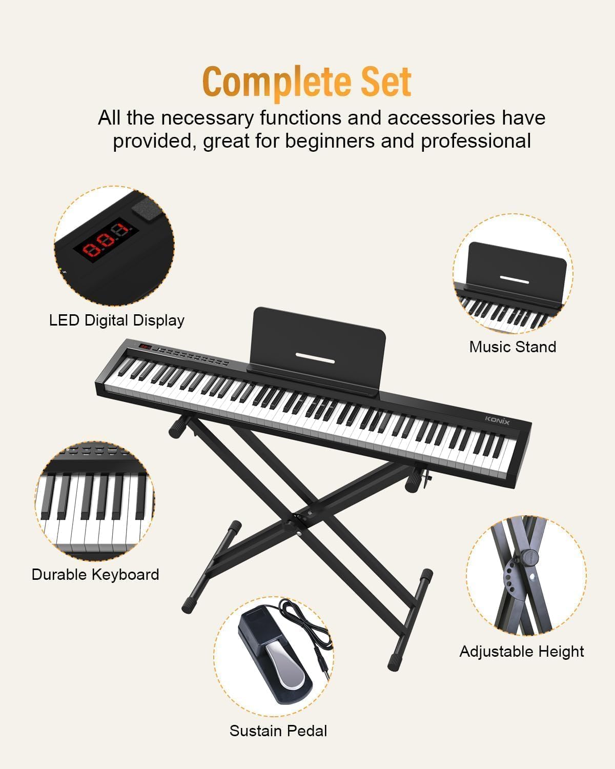 KONIX Digital Piano 88 Key Full Size Semi Weighted Electronic Keyboard Piano Set with Stand, Built-In Speakers, Sustain Pedal, Bluetooth, MIDI/USB/MIC for Beginners Adults