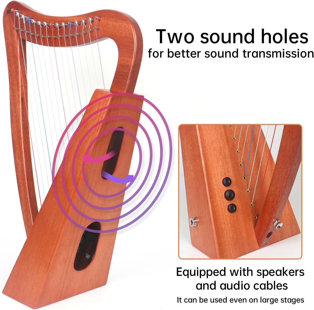 Harp, AKLOT 15 Strings Mahogany Lyer Harp 22 inch Height with Electric Box, Tuning Wrench, Black Bag and Strap,Lyer Kit Gift for Adult Professional Beginner