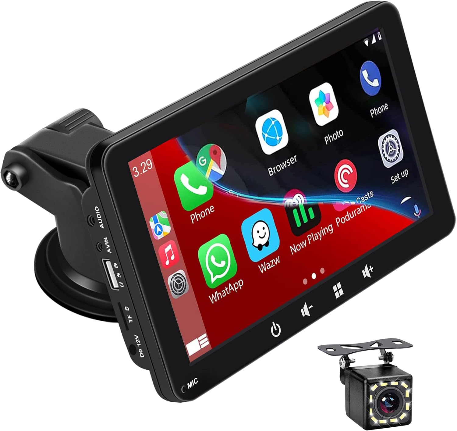 7'' Double Din Car Stereo Compatible with Apple Carplay and Android Auto, HD Touchscreen,12 LED Backup Camera,Mirror Link,USB/AUX,FM Car Radio,Noise Cancelling BT (Portable Car Stereo) (S9)