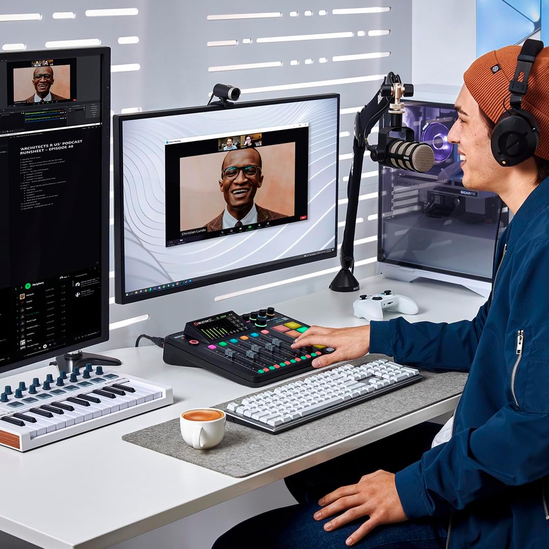 Rode RODECaster Pro 2 Integrated Audio Production Console with 4 PodMic Podcasting Microphones, PSA1 Professional Microphone Arms, 32GB microSD Card, XLR Cables and StreamEye Cloth