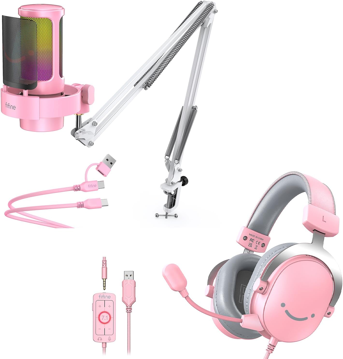 FIFINE USB Condenser Microphone Kit with Gaming Headset Bundle, Streaming RGB Mic with Headphone Jack, Gain Knob, Mute Button, RGB Lighting, Over-Ear Headset Compatible for PS4/PS5/PC (A8T+H9 Pink)